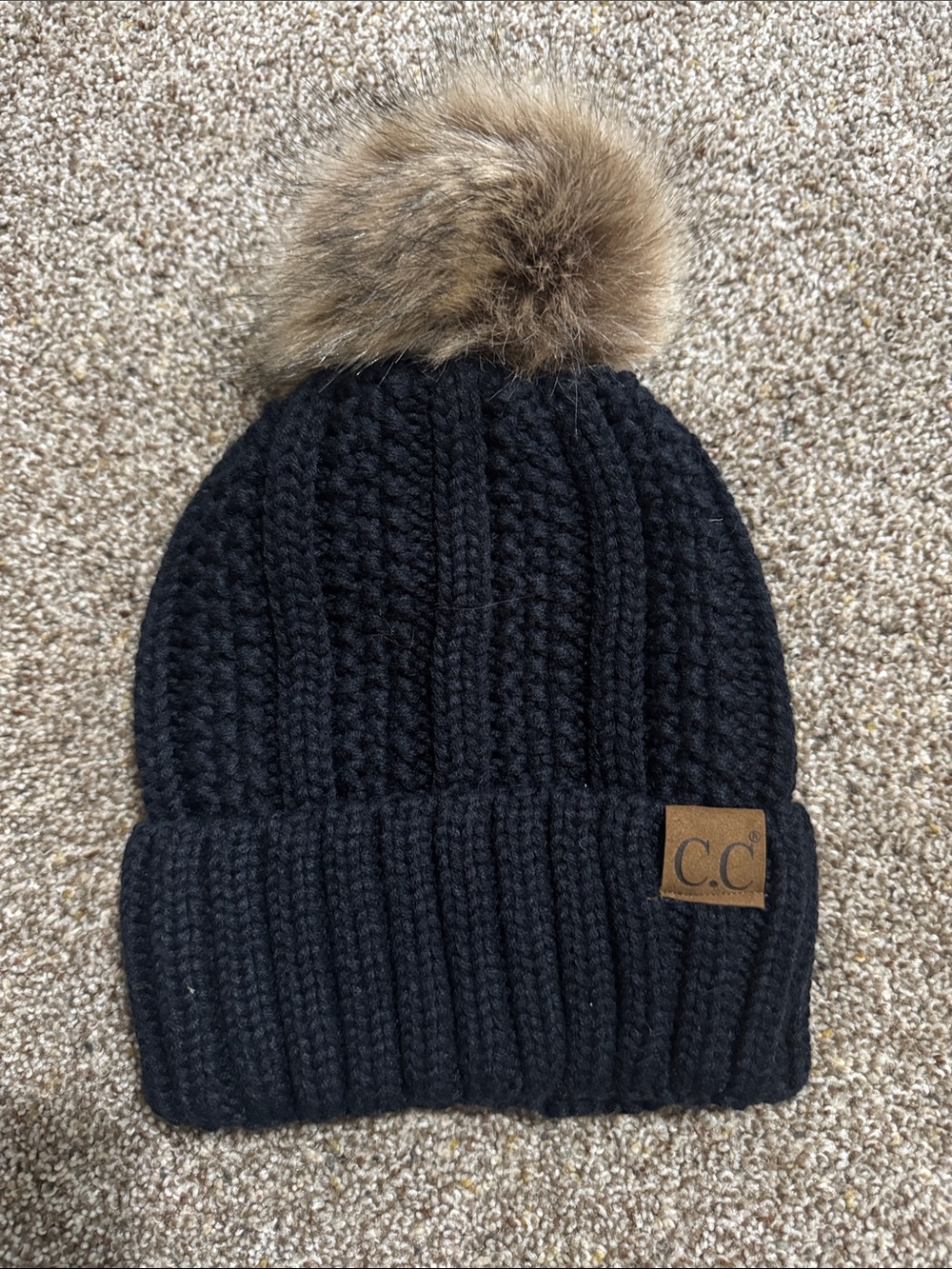 C.C Black Knit Beanie with Brown Faux Fur Pom